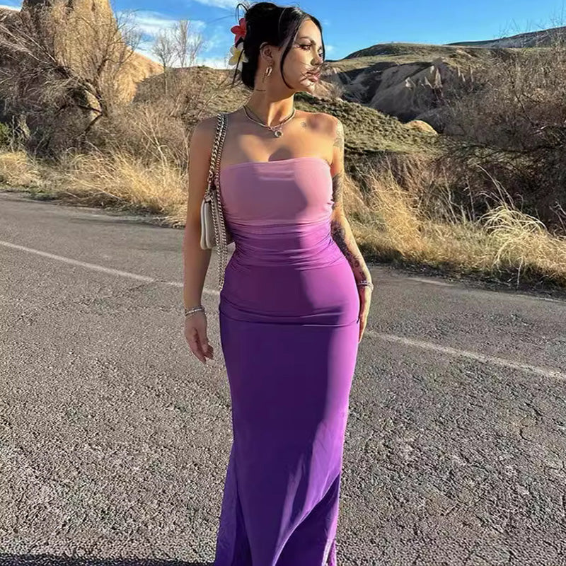 Women's Summer Slim-Fit Sexy Strapless Gradient Mid-Length Bodycon Dress