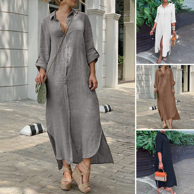 Women's Summer Casual Breathable Cotton Linen Shirt Collar Button-Up Maxi Dress