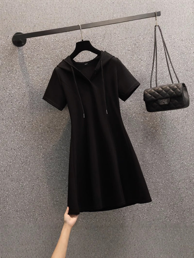 Women's Casual Solid Color V-Neck Short Sleeve Loose Hooded Pullover Dress