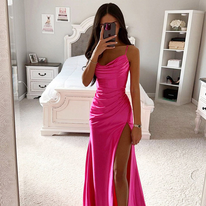 Women's Sexy Solid Color Tube Creased Side Slit Sundress