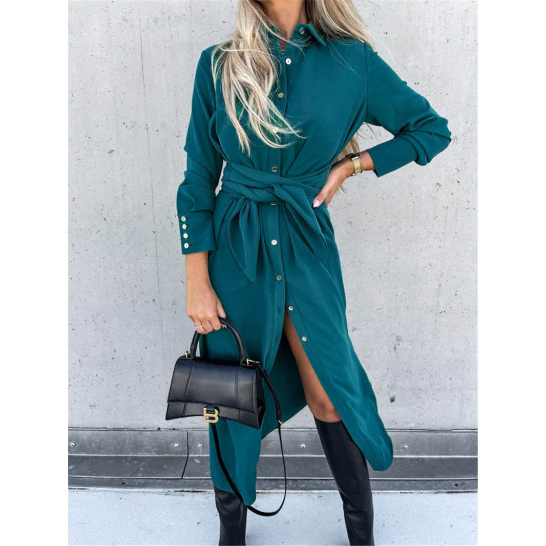 Women's Autumn Winter Solid Color Cardigan Long Sleeve Maxi Shirt Dress