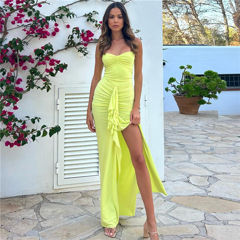 Women's Solid Color Boat Neck Slit Bodycon Maxi Dress