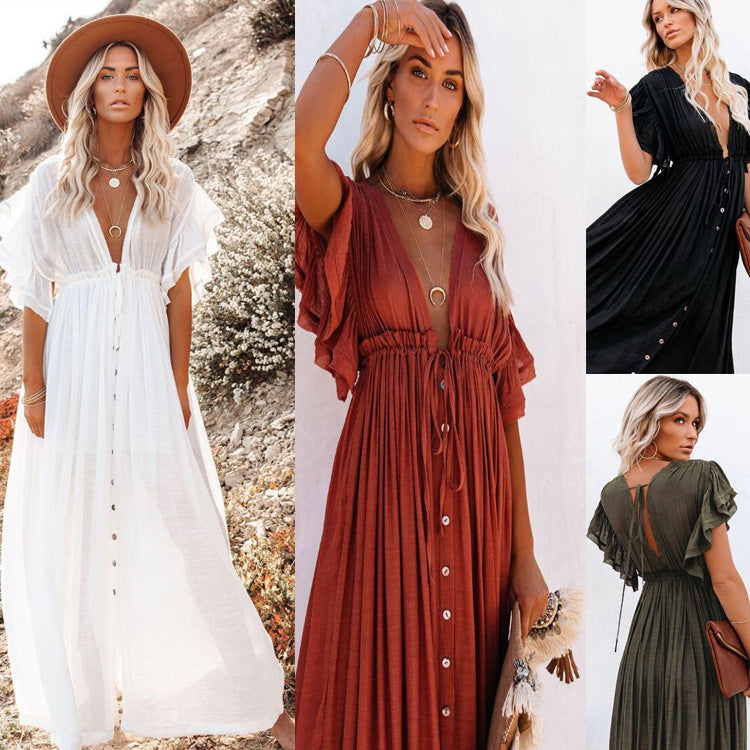 Women's Elegant Solid Color Beach Drawstring Short Sleeves Ruffled Maxi Dress