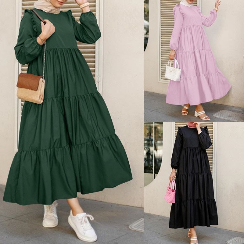 Plus Size Muslim Ruffled Long Sleeves Pleated Hem Solid Color Maxi Dress