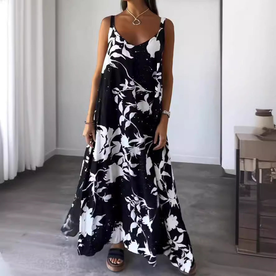Women's Summer Casual V-Neck Sling Floral Print Maxi Dress