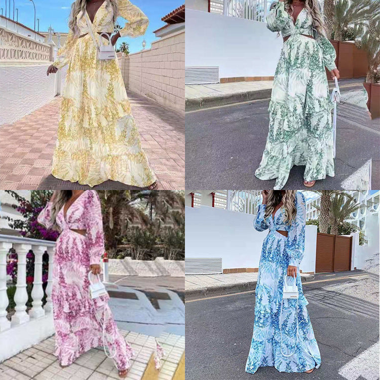 Women's Vacation Bohemian V-Neck Long Sleeve Ruffled All Over Print Tiered Dress