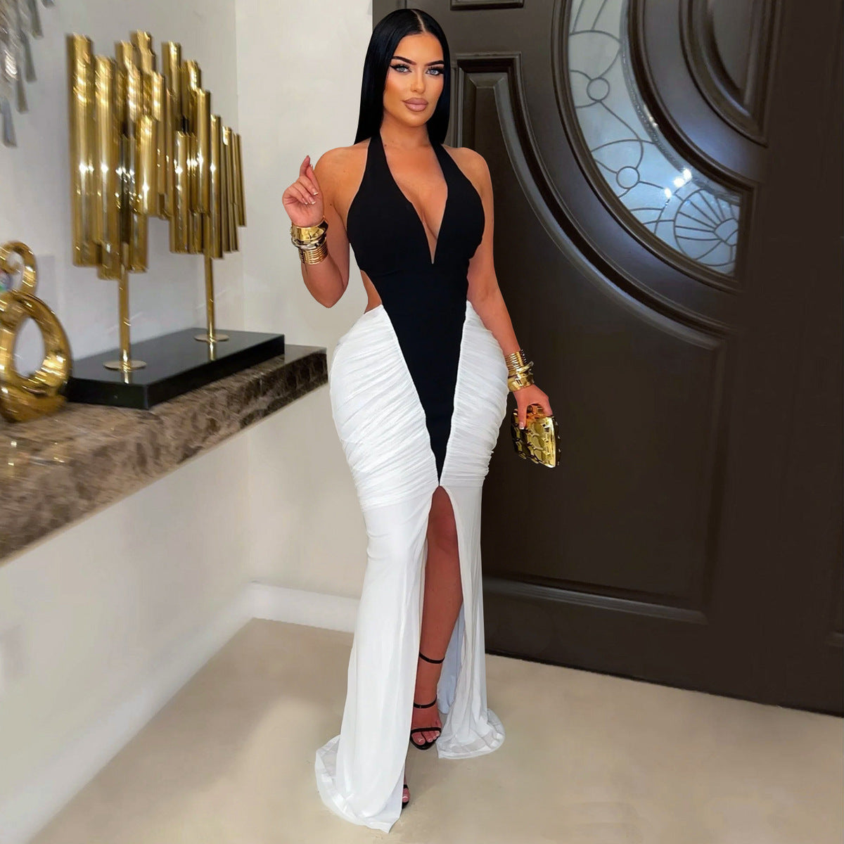 Women's Sexy Color Block V-Neck Halter-Neck Split Backless Dress