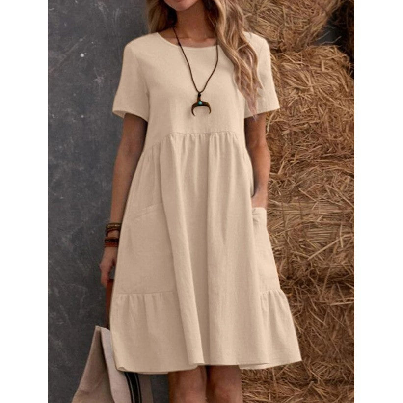 Women's Casual Cotton Linen Loose Solid Color Round Neck A-Line Dress