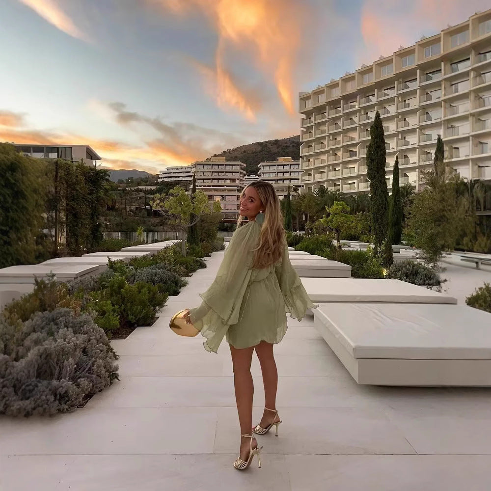 Women's Summer Beach Vacation Solid Color Long Sleeve Ruffled Mini Dress