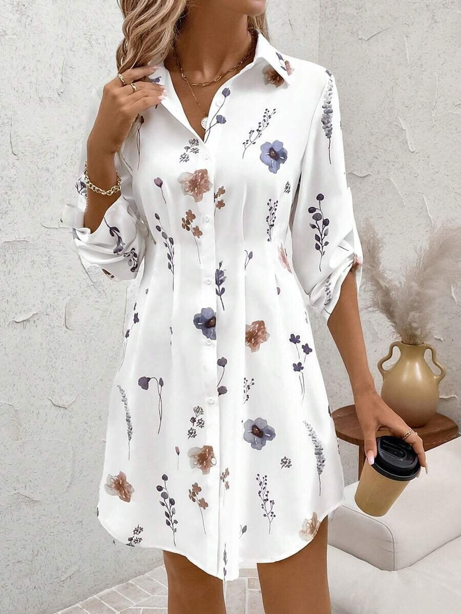 Women's Floral Printed Lapel Button Dress-Midi, Length Long
