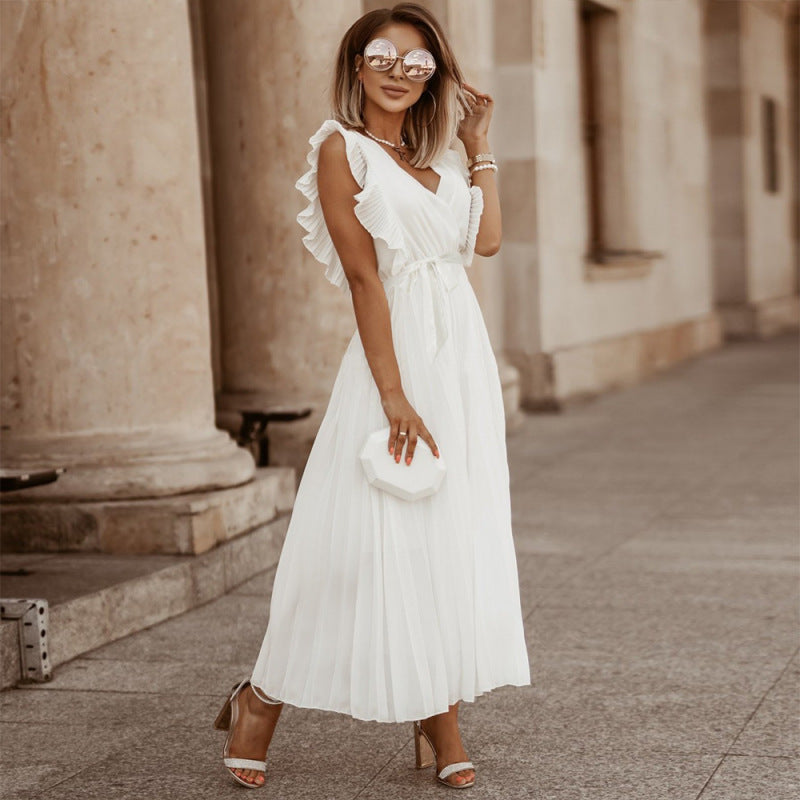 Women's Elegant Office V-Neck Sleeveless Chiffon Solid Color Loose Pleated Dress