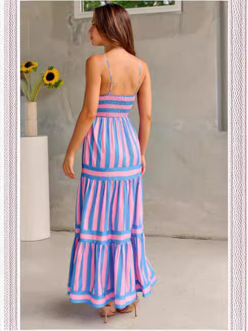 Women's Summer Casual Stripe Printed Backless Strap Maxi Dress