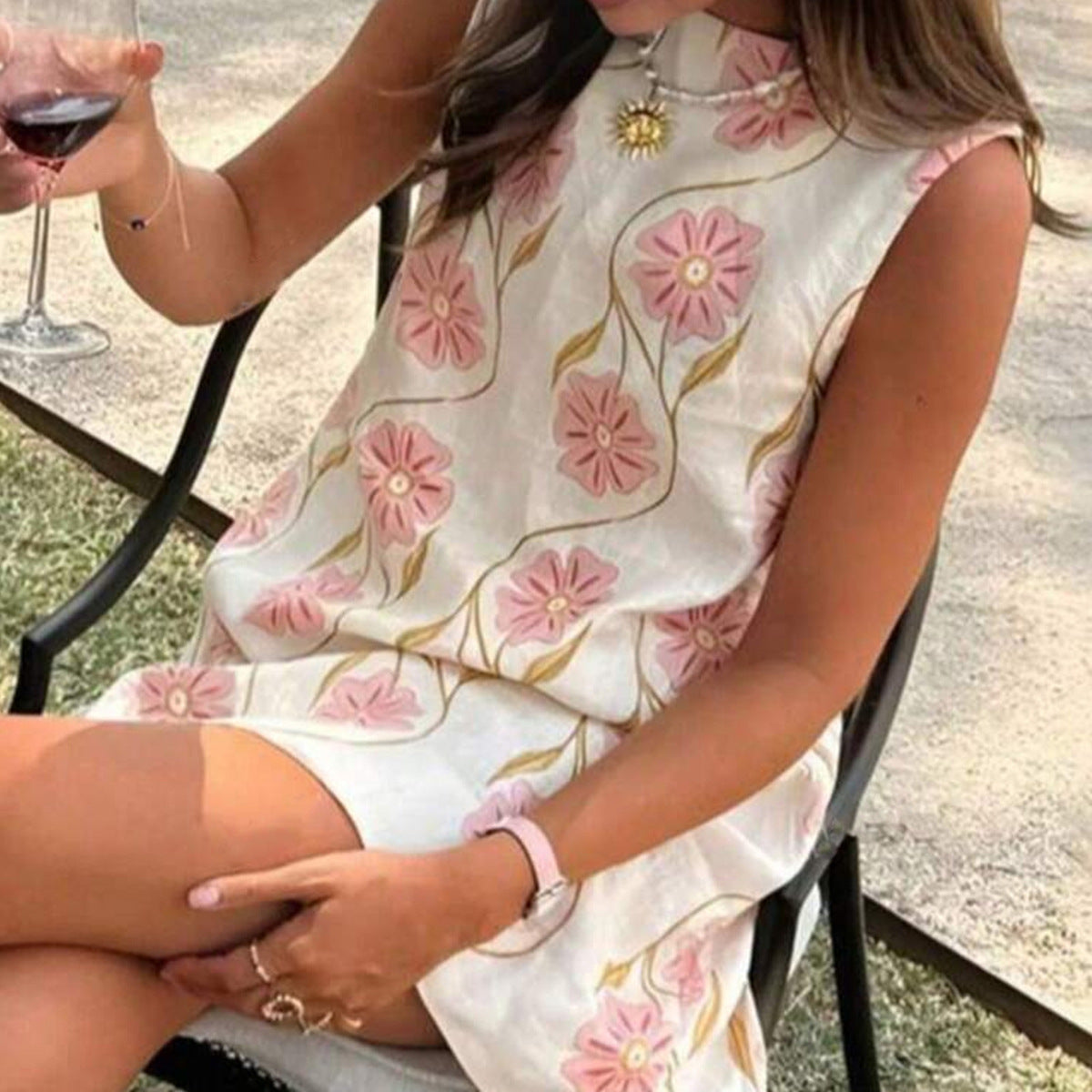 Women's Casual Floral Printed Round Neck Sleeveless A-Line Dress