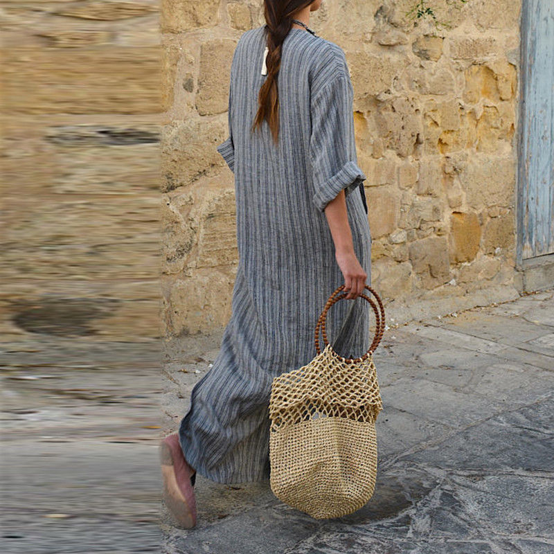 Women's Casual Cotton Linen Yarn-Dyed Striped Loose Maxi Dress