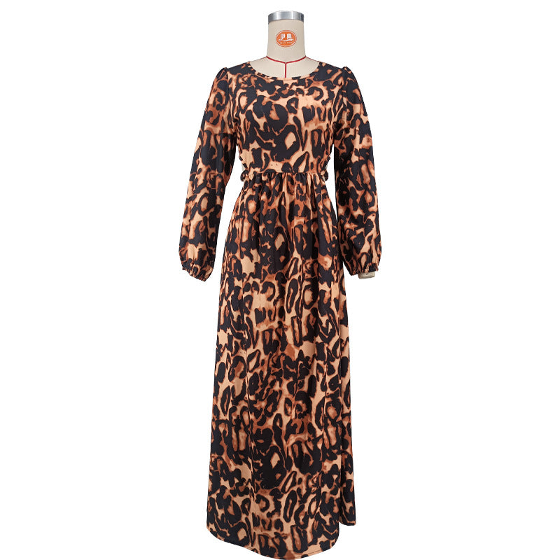 Women's Backless Leopard Printed Long Sleeve Casual Dress