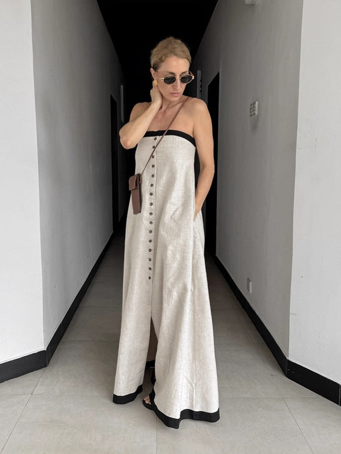 Women's Casual Stitching Contrast Single-Breasted Strapless Maxi Dress