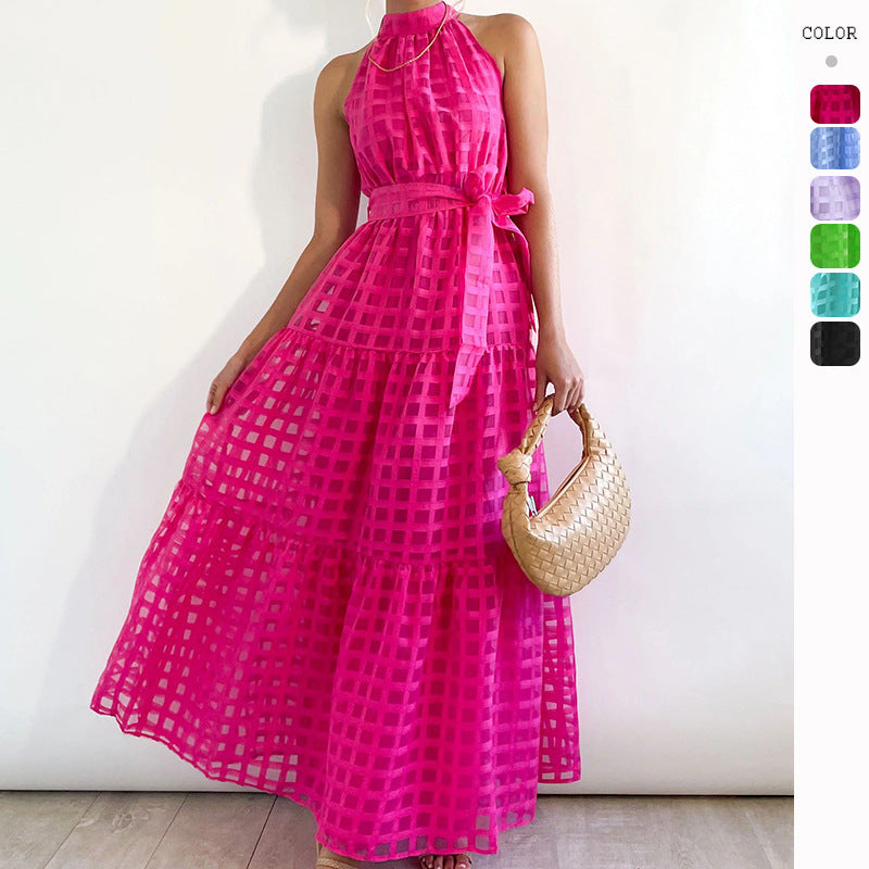 Women's Summer Solid Color Sleeveless Mid-Waist Lace-Up Large Swing Maxi Dress