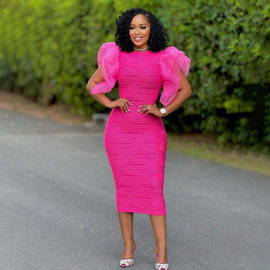 Women's Elegant Solid Color Pleated Stitching Lotus Leaf Sleeves Fit Midi Dress