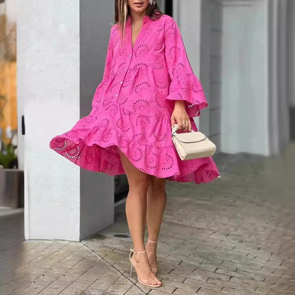 Women's Casual Cotton Princess Dress V-Neck Hollow Midi Dress