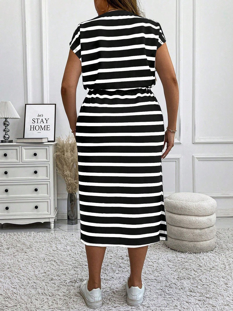 Women's Plus Size Stripe Lace-Up Midi Dress, with Bat