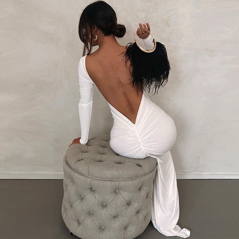 Women's Solid Color Sexy Backless Creased Slim Long Sleeve Maxi Dress