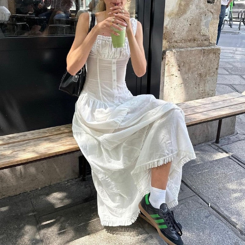 Women's Elegant Solid Color Sling Maxi Dress, with U