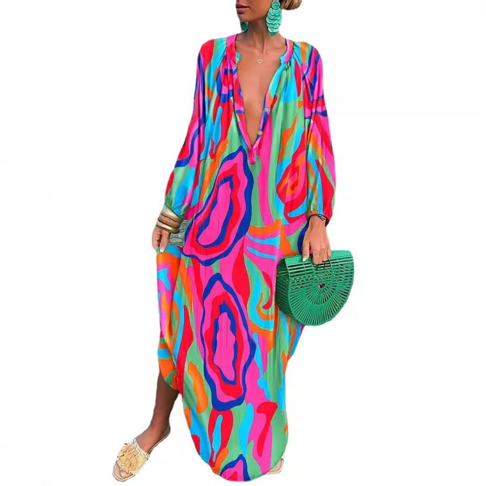 Women's Autumn Graphic Printed Pullover Long Sleeve V-Neck Loose Maxi Dress