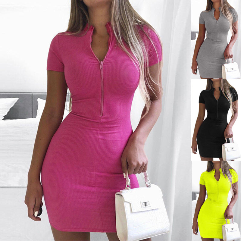 Women's Basic Solid Color Short Sleeves Bodycon Zipper Dress