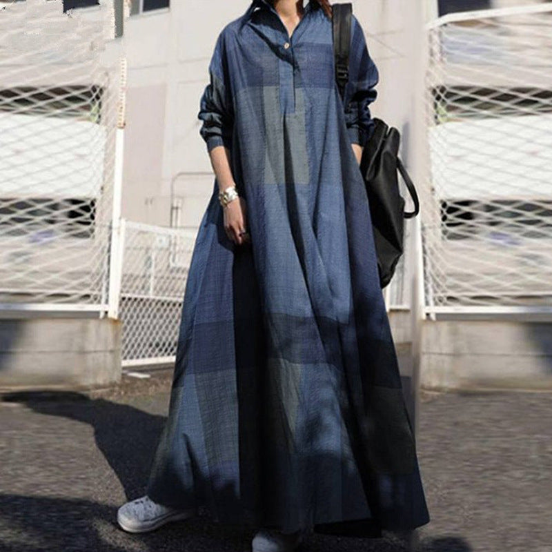 Women's Casual Retro Cotton-Linen Plaid Printed Long Sleeve Loose Dress