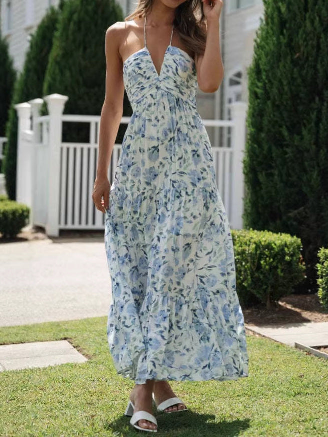 Women's Sexy Summer Flower Printed Halter-Neck V-Neck Sleeveless Loose Dress