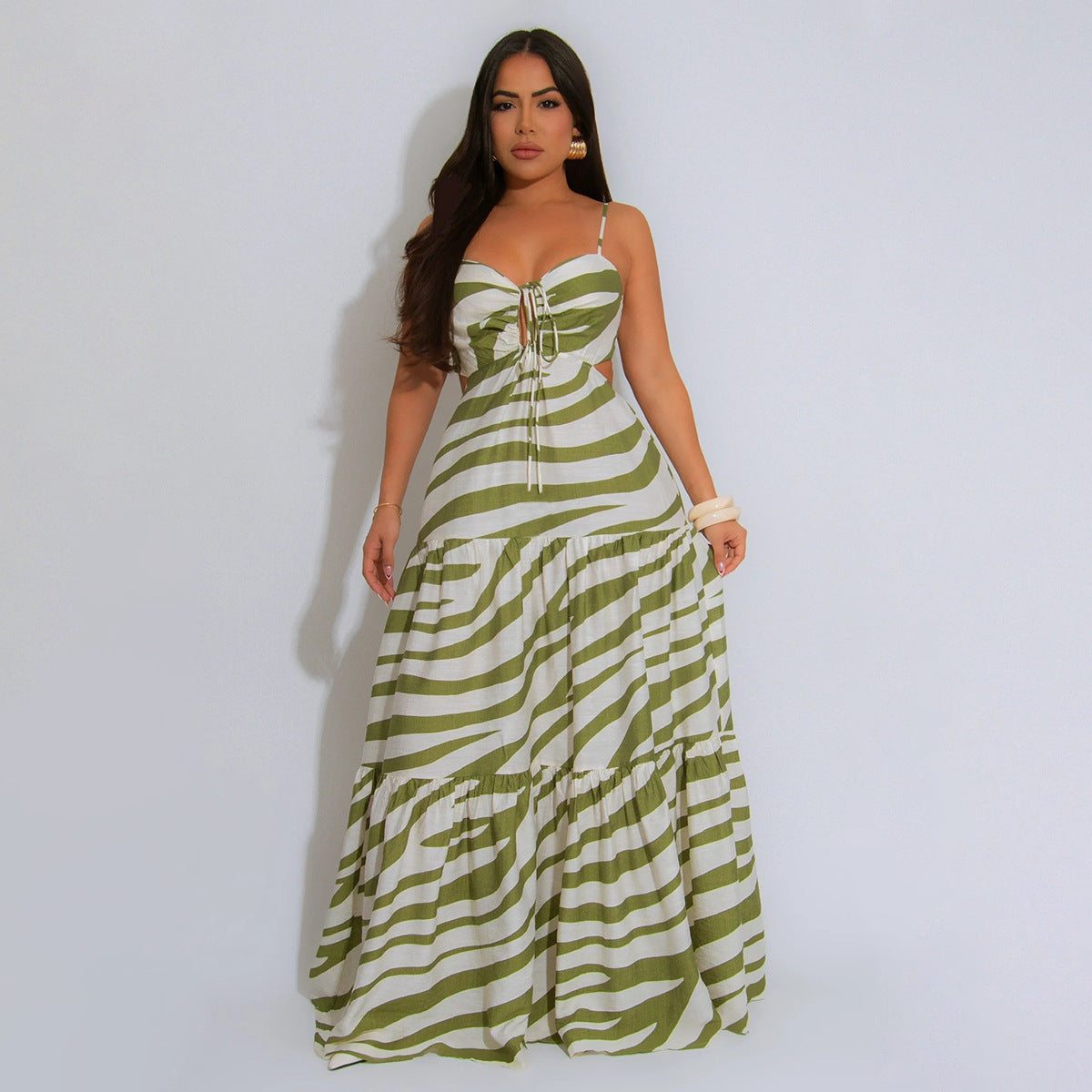 Women's Sexy Stripe Printed Spaghetti Strap Backless Loose Dress