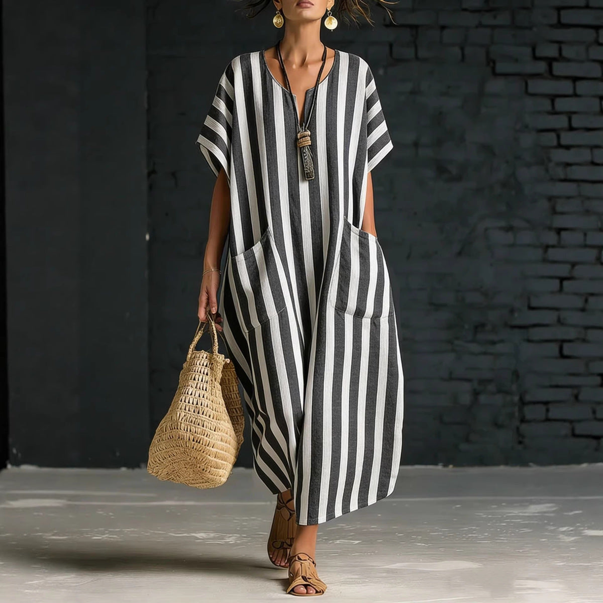 Women's Casual Stripe Print V-Neck Short Sleeve Pockets Loose Dress