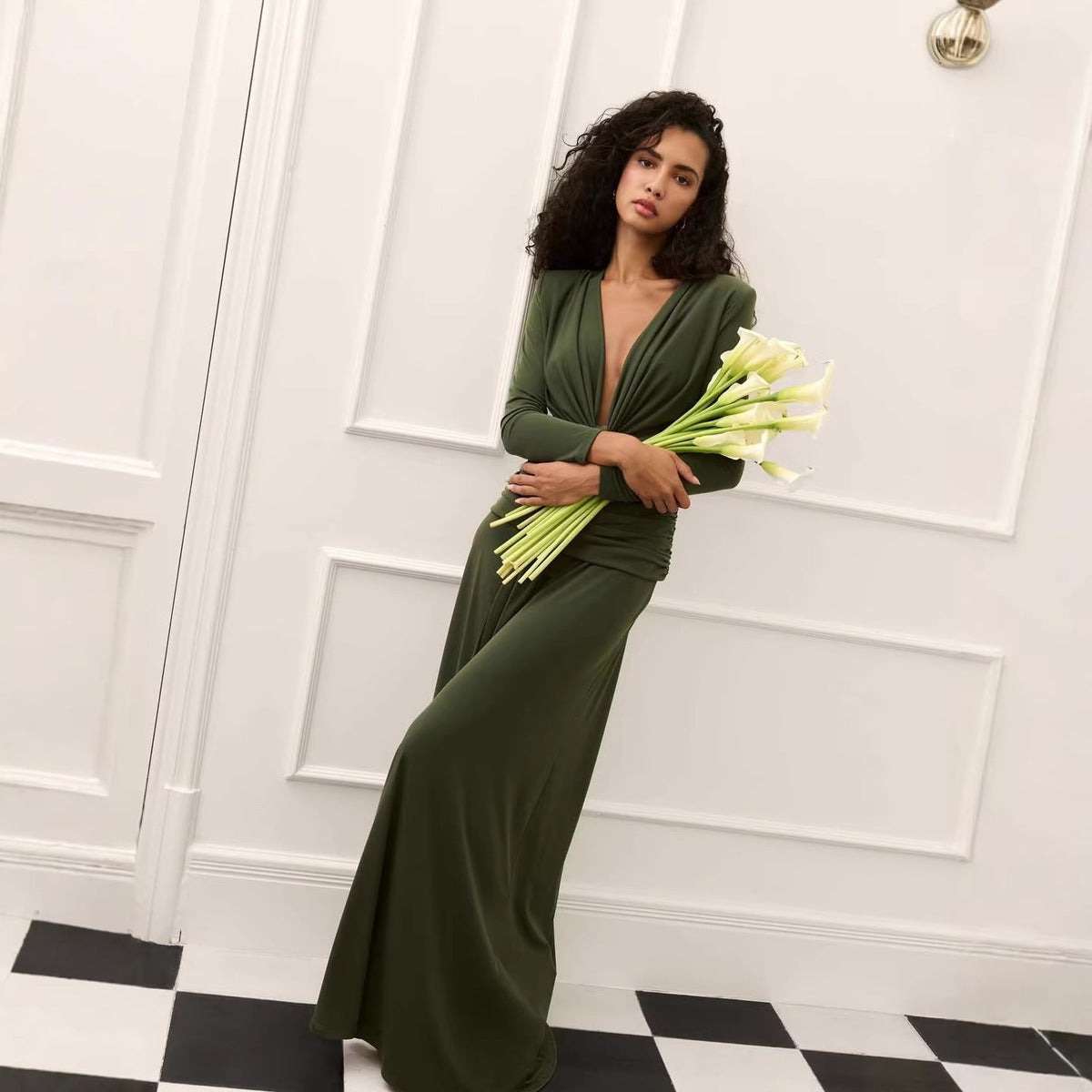Women's Elegant Autumn Solid Color Long Sleeve Slim-Fit Strap Dress