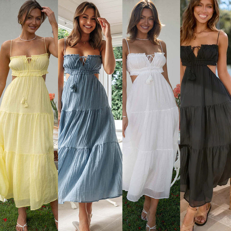 Women's Casual Solid Color Strap Backless Hollow Maxi Dress