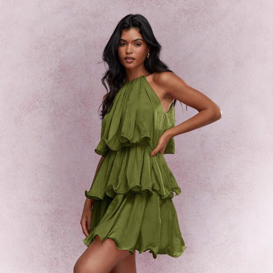 Women's Summer Solid Color Mesh Halter Neck Sleeveless Multi-Layer Ruffled Dress