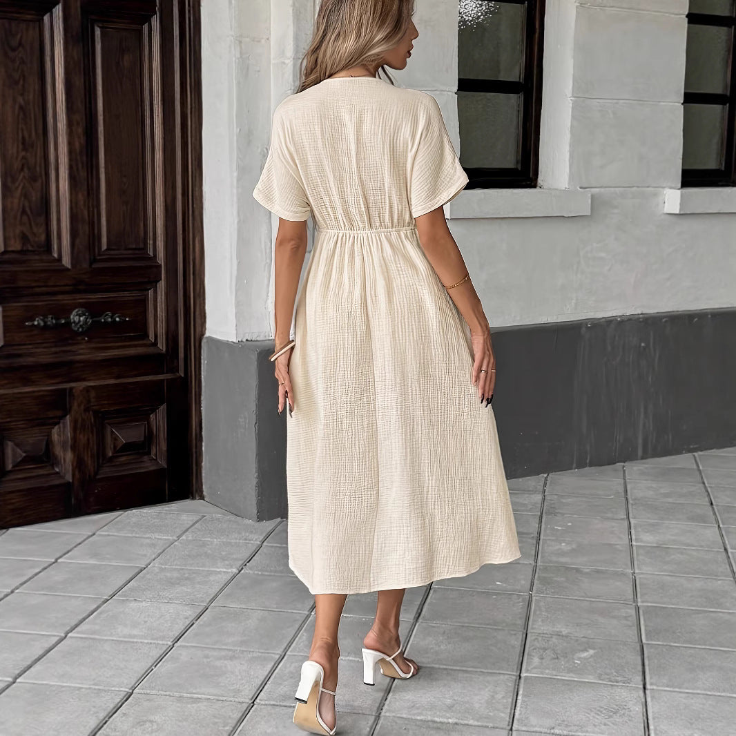 Women's Casual Boho Vacation Solid Color Deep V-Neck Short Sleeve Loose Dress