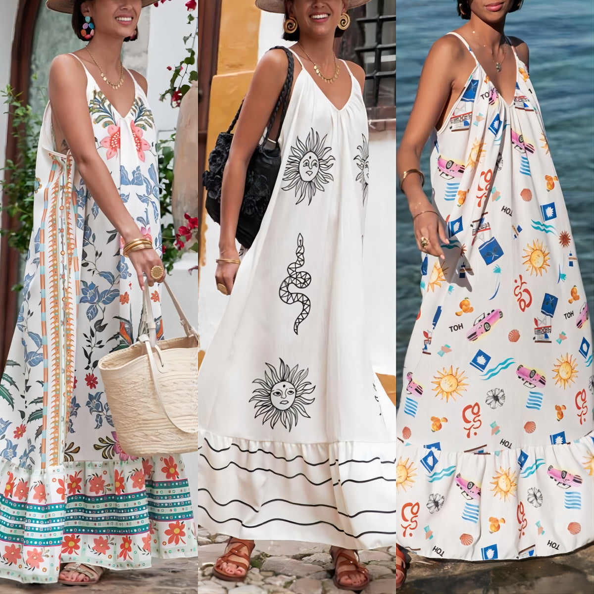 Women's Summer Casual Floral Print V-Neck Sling Maxi Dress