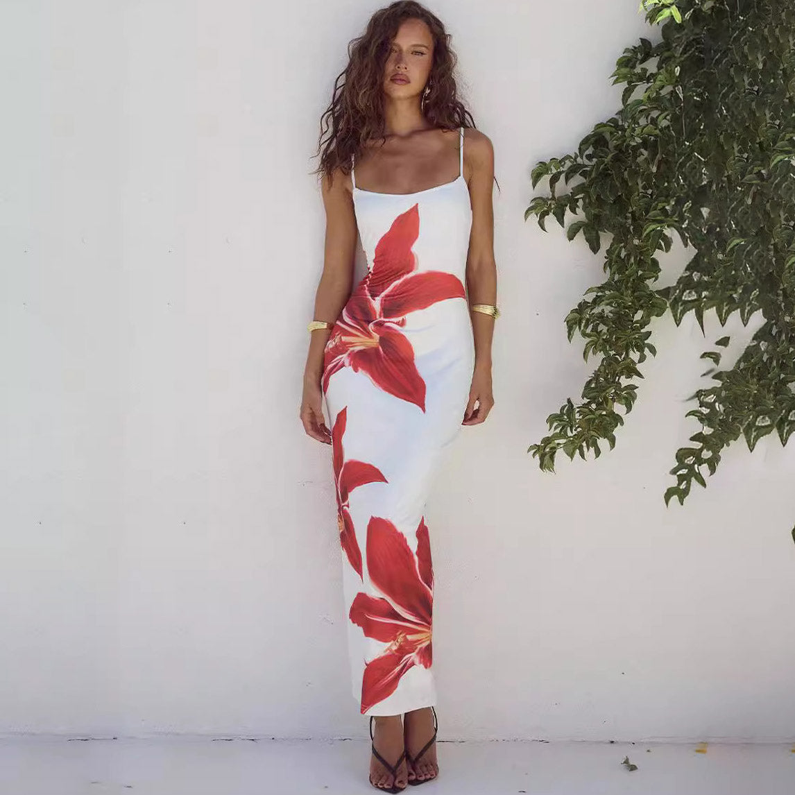 Women's Summer Sexy Floral Printed Sling Split Maxi Dress