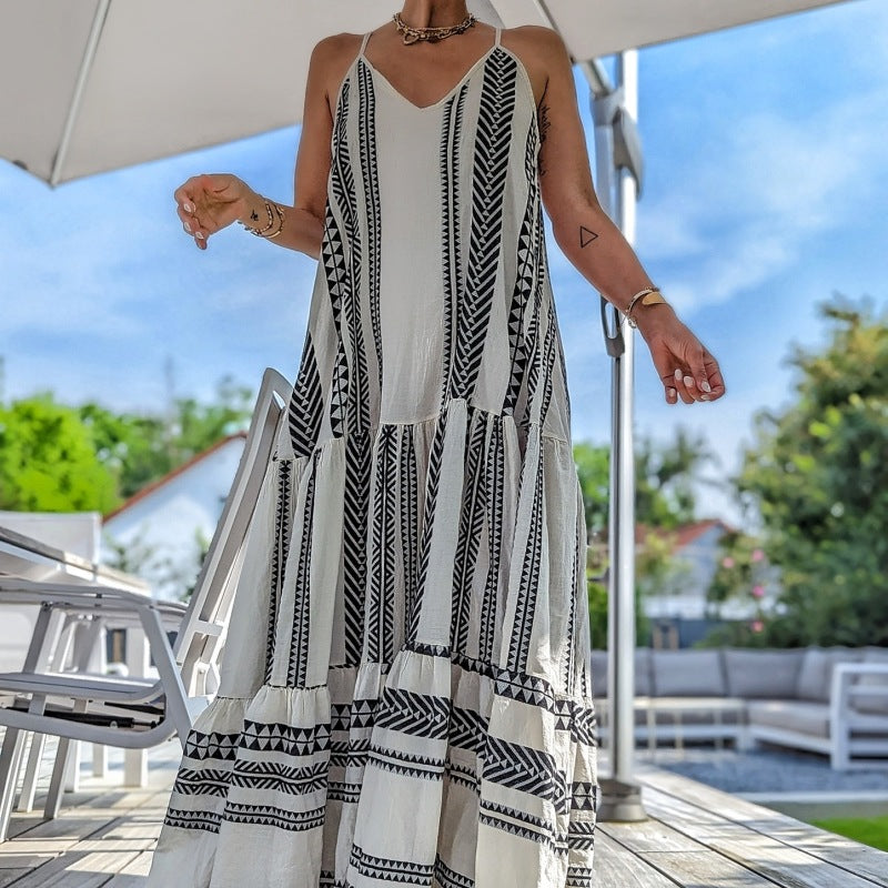 Women's Casual V-Neck Strap Geometric Print Maxi Dress