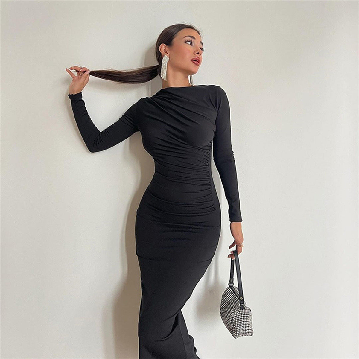 Women's Solid Color Slim-Fit Crewneck Long Sleeve Dress