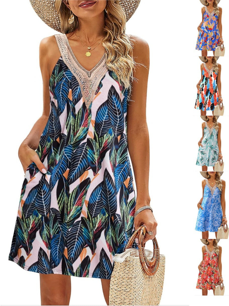 Women's Summer Casual V-Neck Leaves Floral Printed Sleeveless Dress