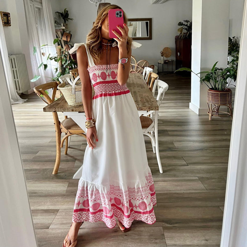 Women's Bohemian Casual Maxi Dress, Lace-Up Square