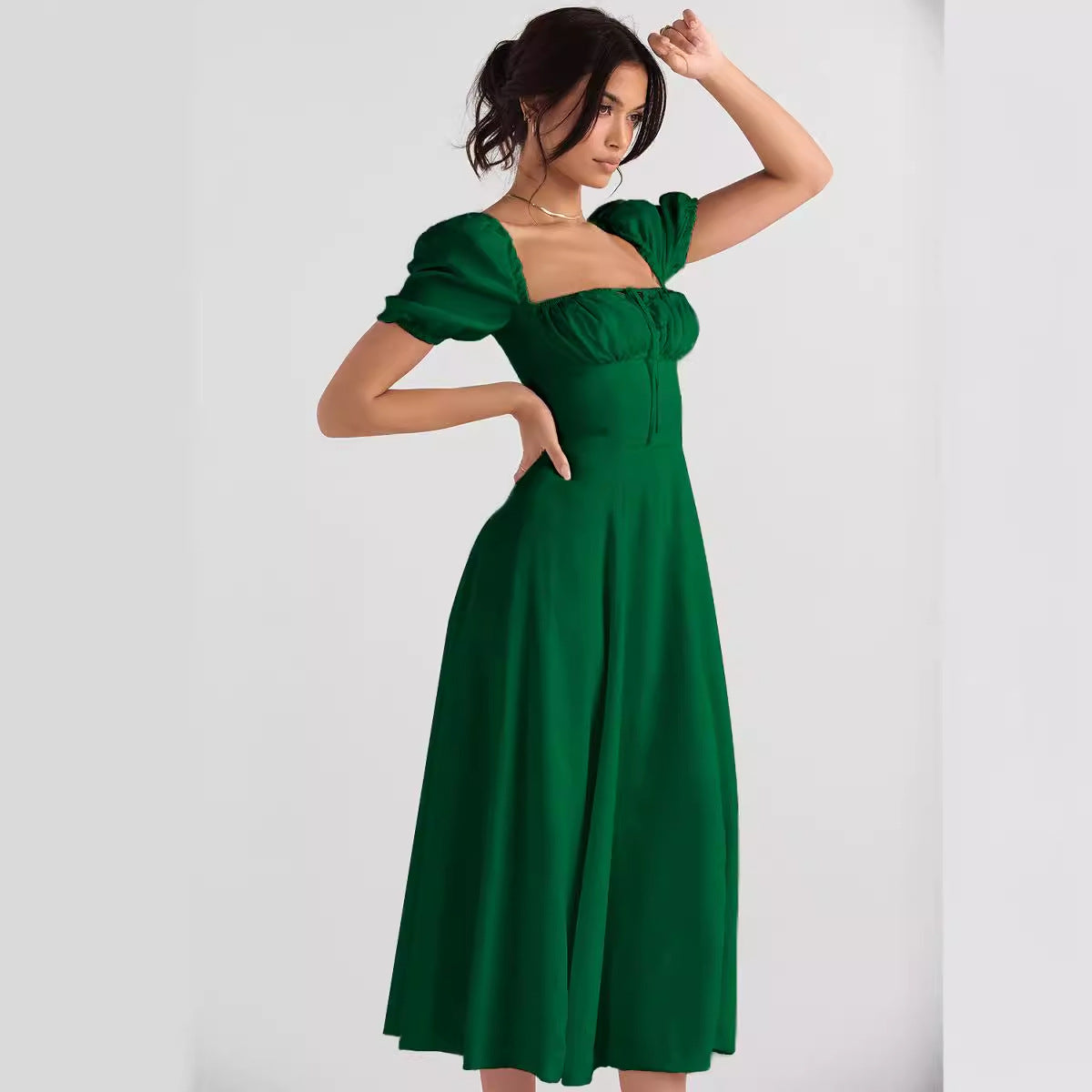 Women's Summer Solid Color Flower Printed Puff Sleeve Lace-Up Split a Line Dress