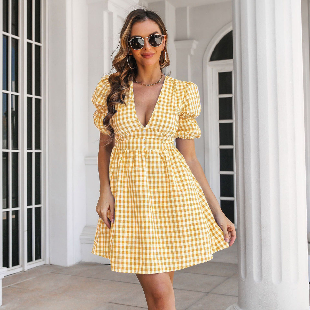 Women's Casual Summer Plaid Deep V-Neck Puff Sleeve A-Line Dress