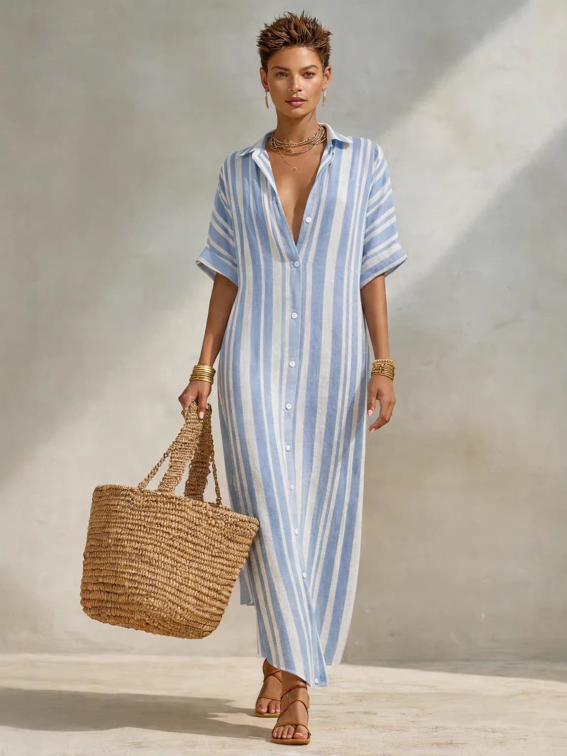 Women's Casual Summer Stripe Lapel Short Sleeve Loose Dress