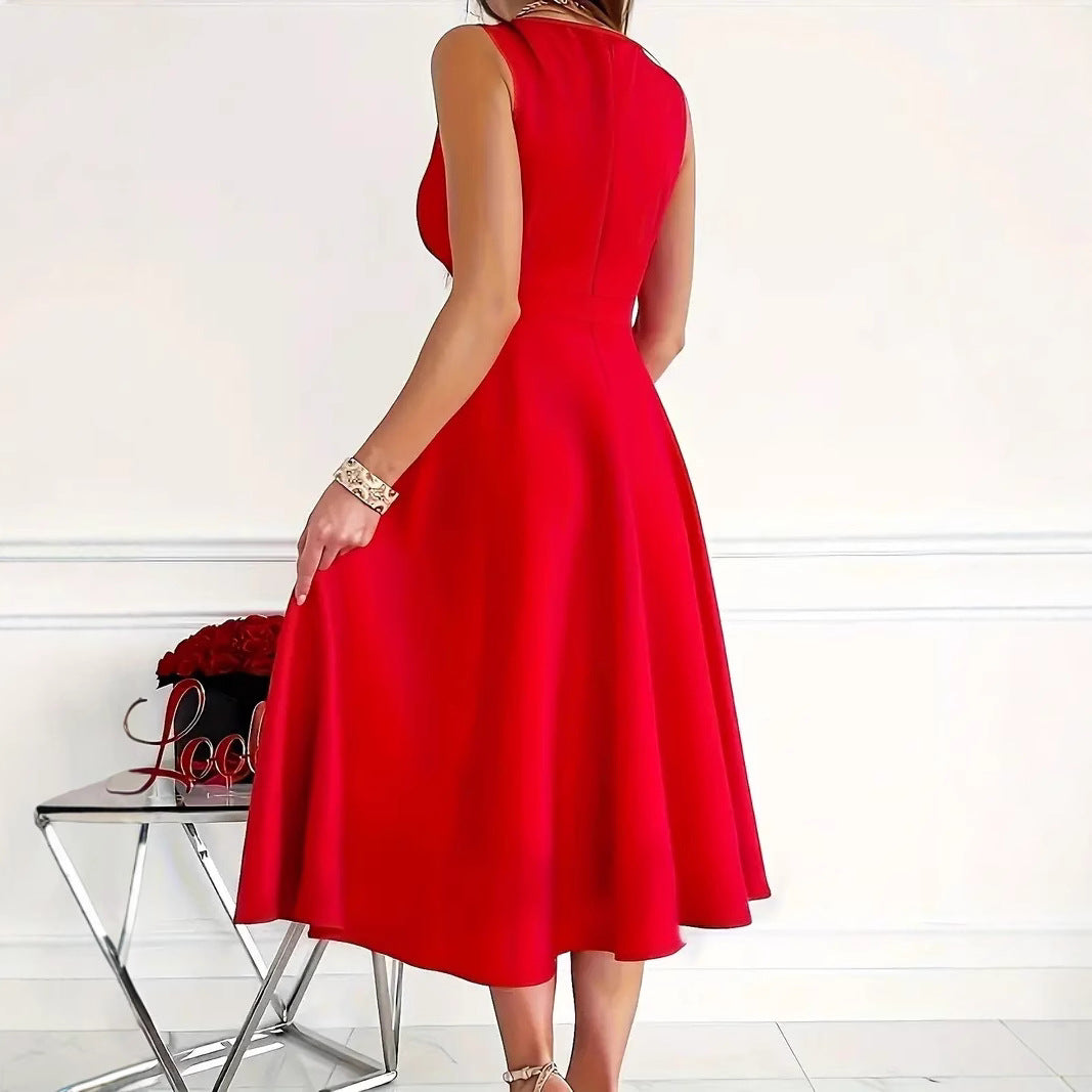 Basic Solid Color Sleeveless V-Neck Midi Dress