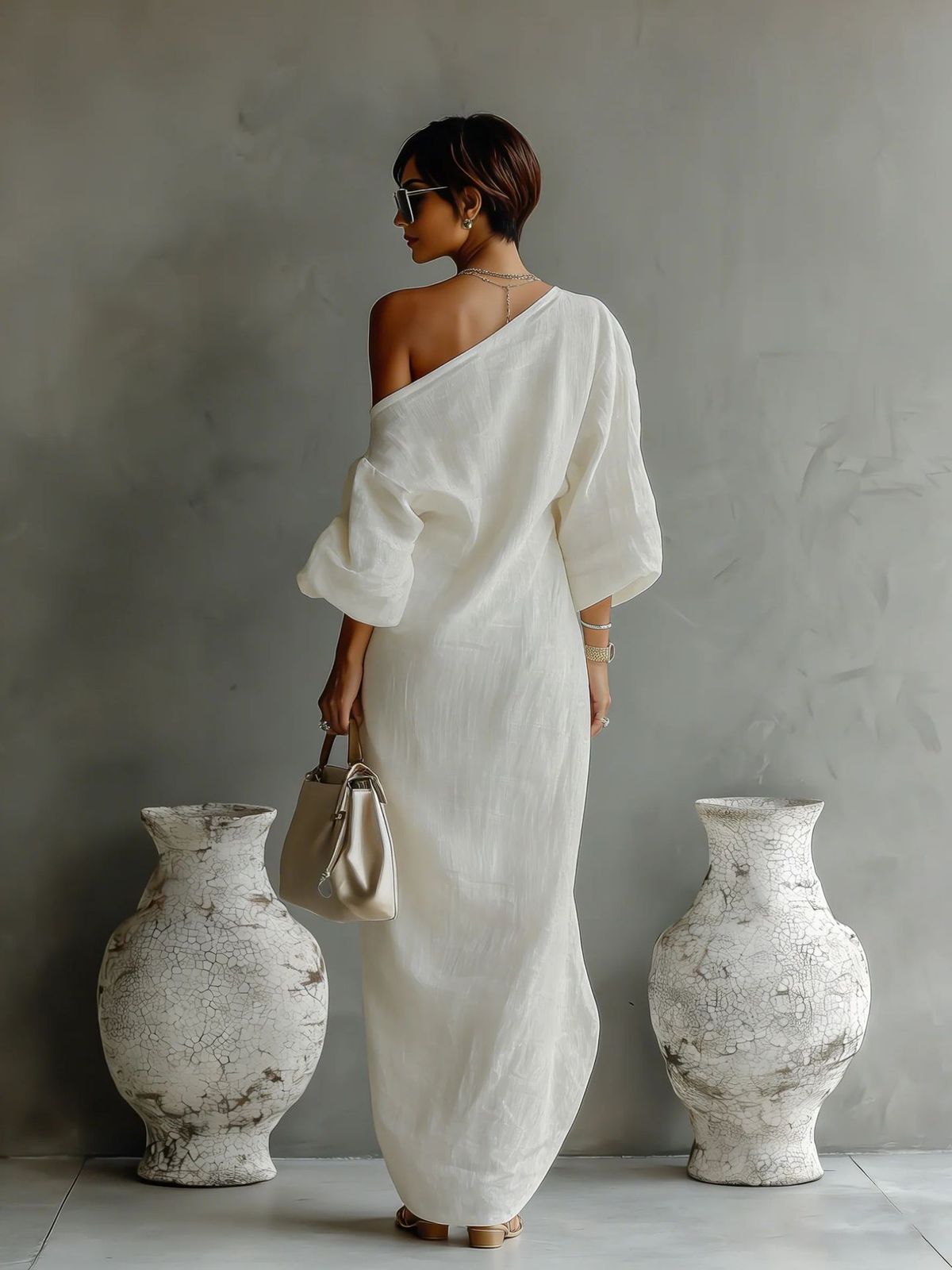 Spring and Summer Casual Women Long Sleeve Slanted Shoulder Maxi Dress