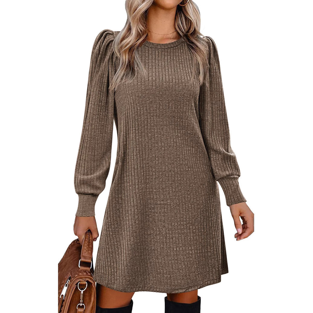 Women's Casual Autumn and Winter Sanding Pit Solid Color Puff Sleeve Loose Dress