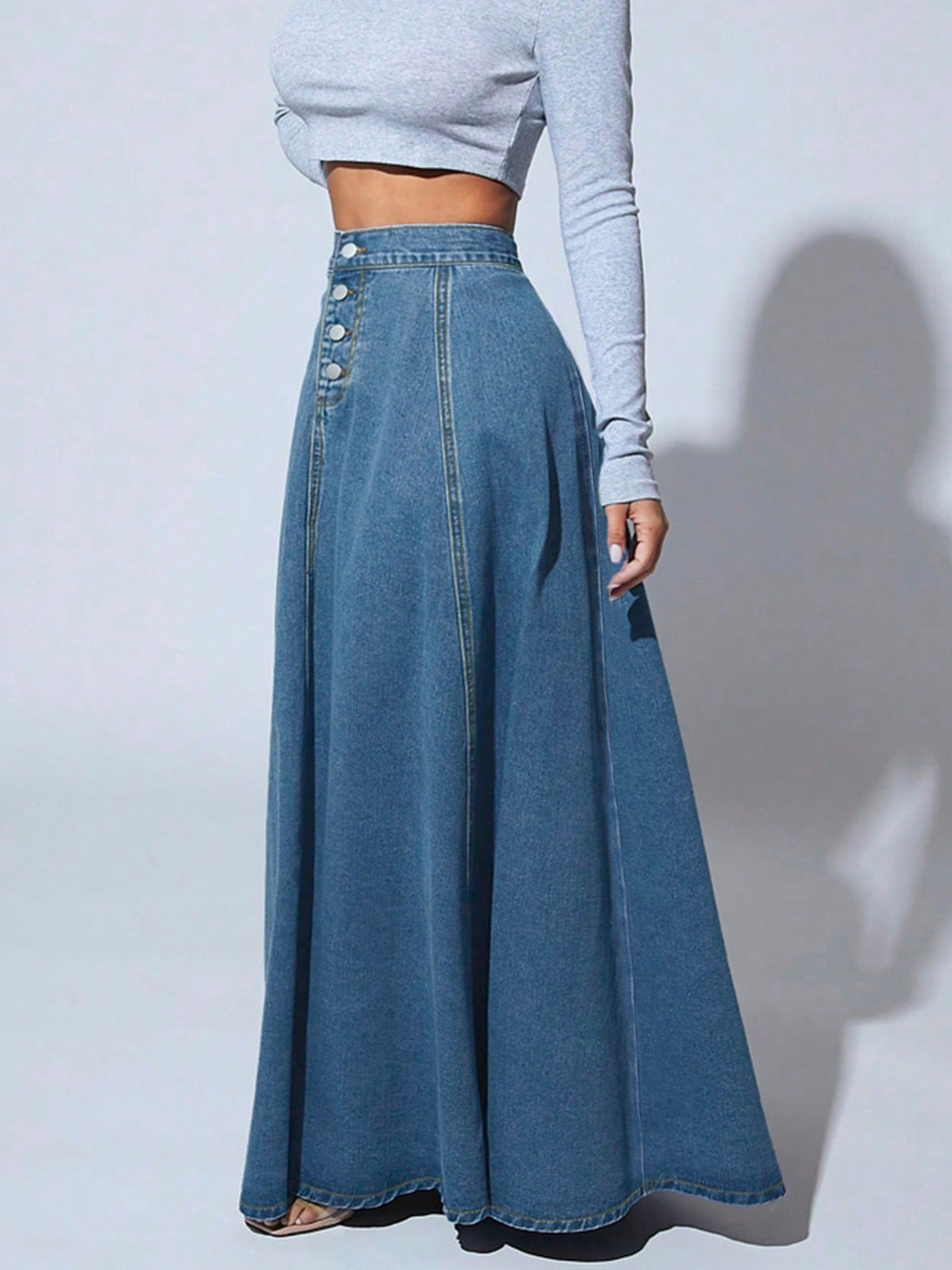 Women's Single-Breasted Denim A-Line Skirt Style Long Dress
