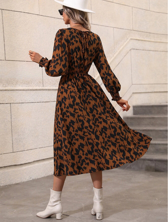 Women's Autumn Winter Leopard Print Long Sleeve Lace-Up Loose Dress